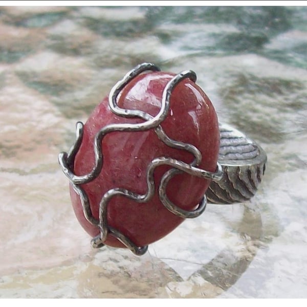 Rhodonite Statement Ring Bold Sterling Silver Ring size Y , Hallmarked