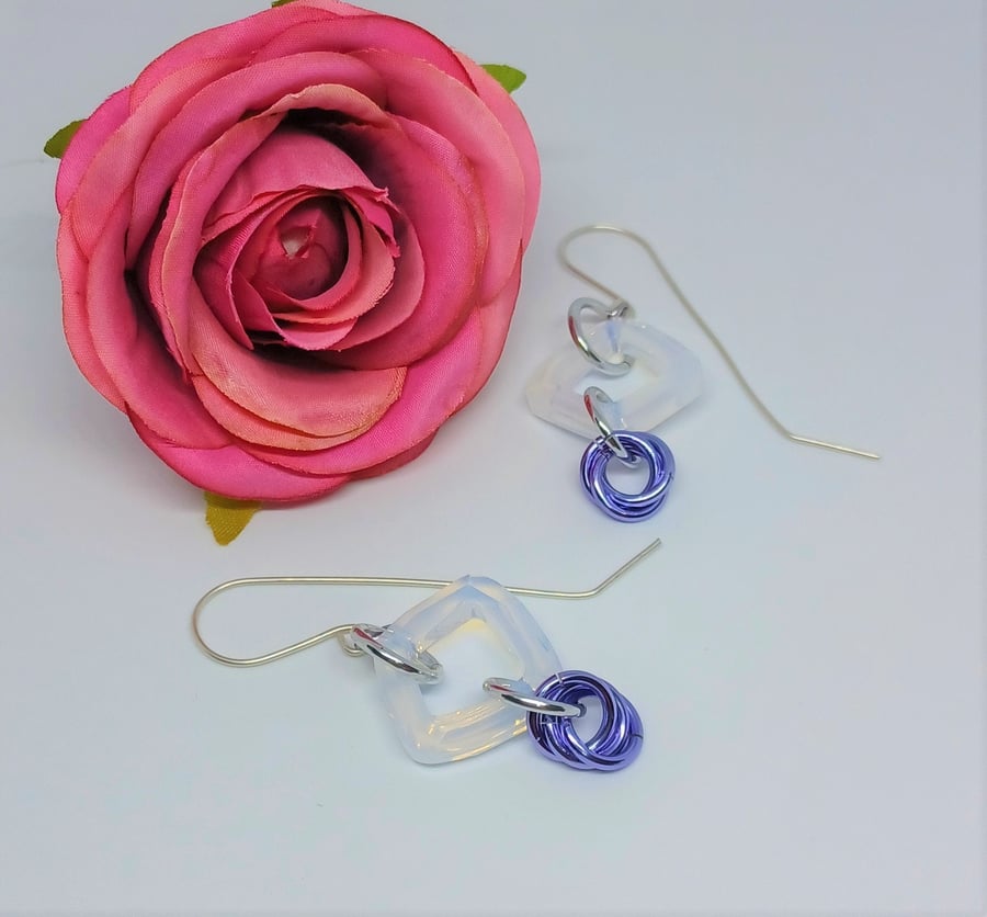 Purple Mobius Rose, and AB Crystal Chainmaille Sterling Silver Earrings