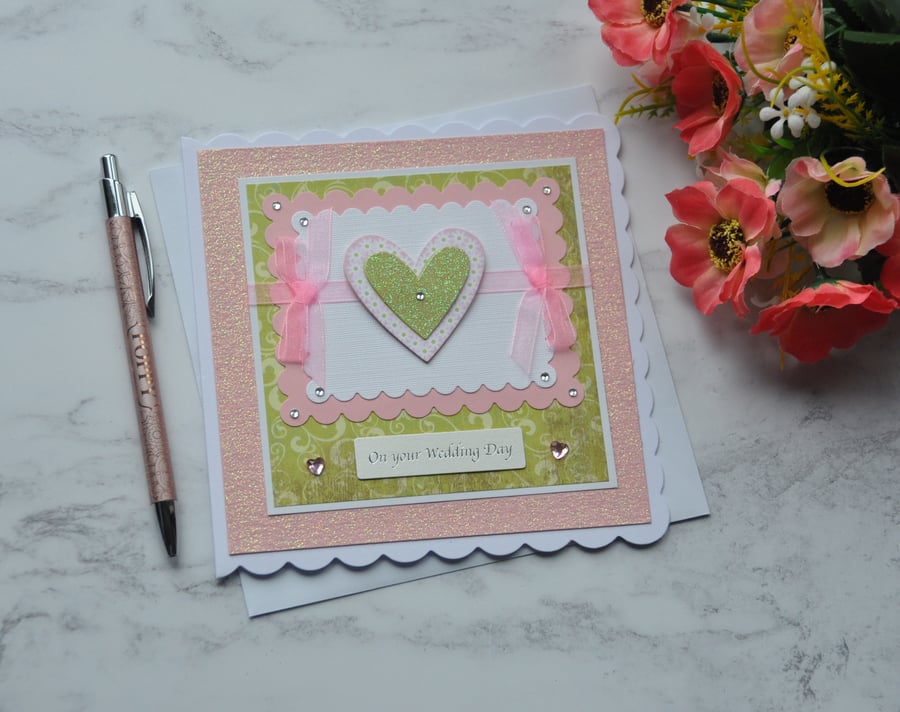 On Your Wedding Day Glitter Love Hearts Free Post 3D Luxury Handmade Card