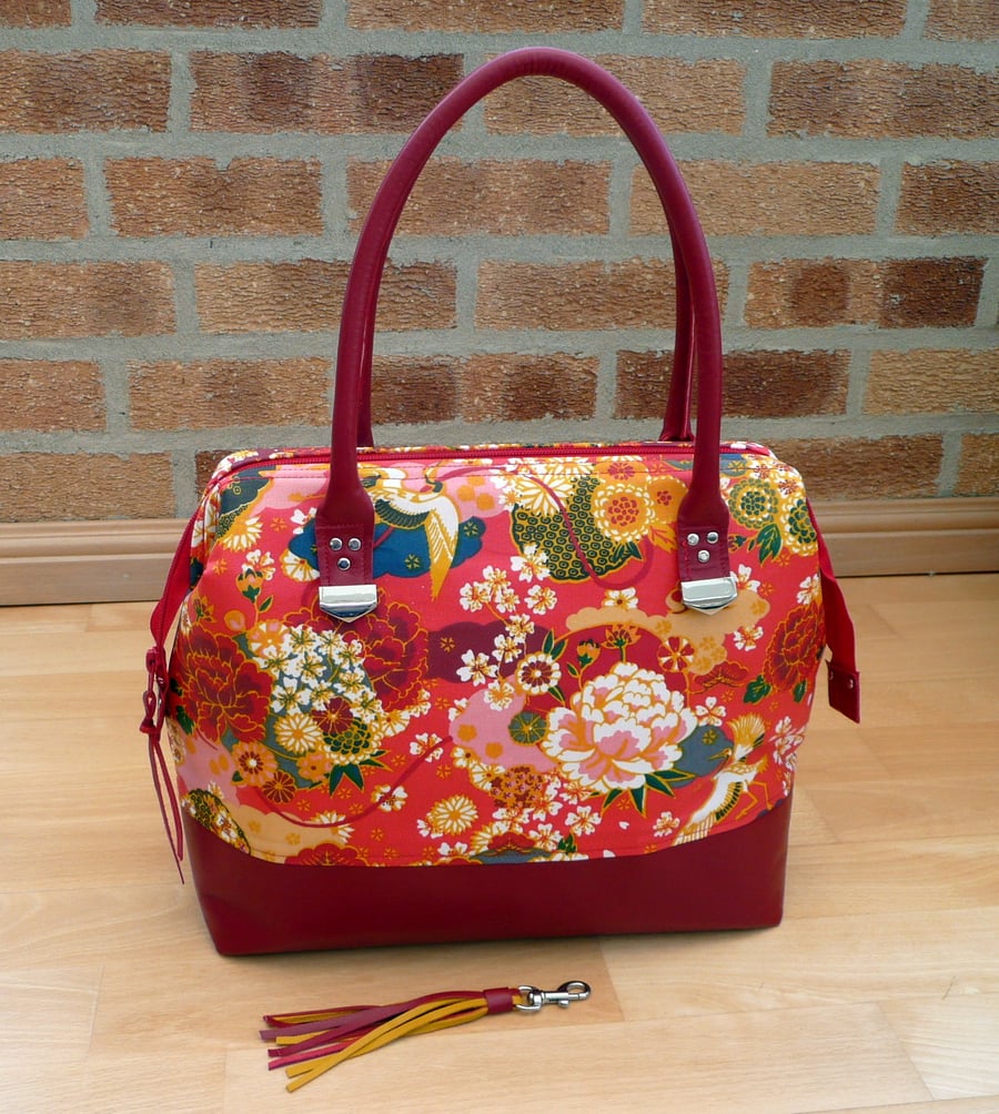 Red leather zip top handbag, Japanese floral handbag, oilcloth cotton 