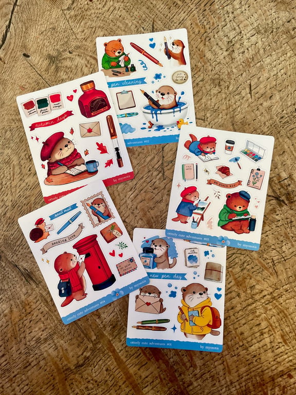 Fountain Pen Themed Mini Sticker Sheets with Cute Otter and Bear