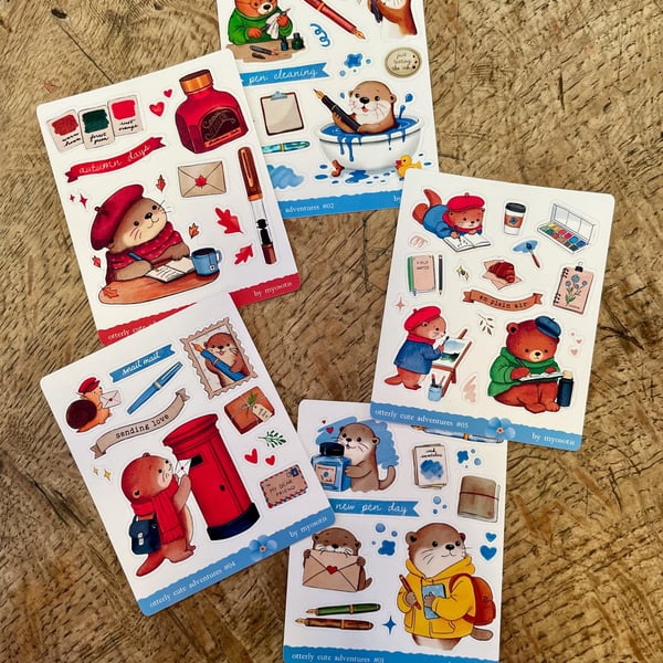 Fountain Pen Themed Mini Sticker Sheets with Cute Otter and Bear