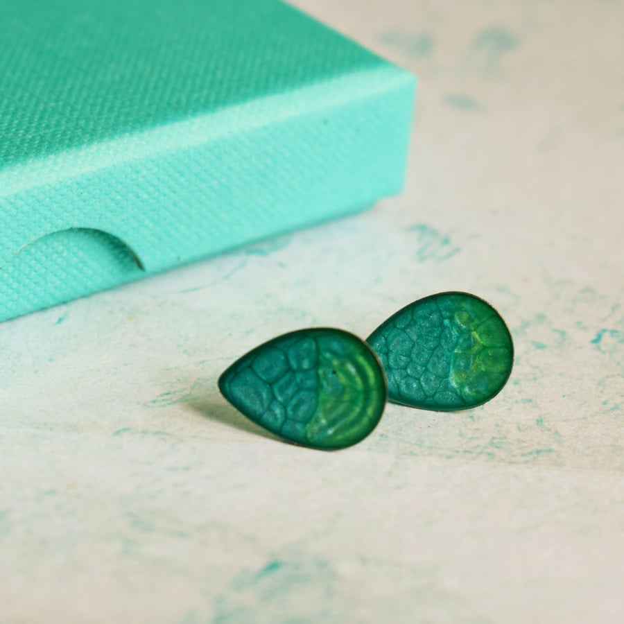 Blue and Green Teardrop Stainless Steel Stud Earrings
