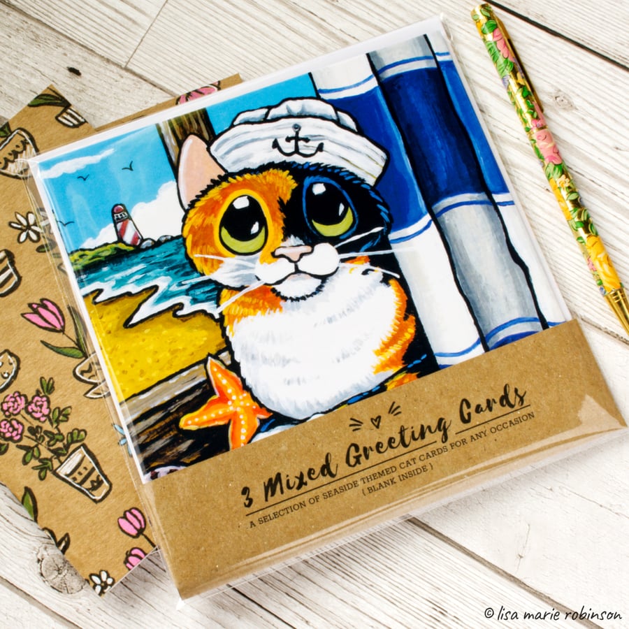 Cats at the Seaside - Greeting Cards - Pack of 3