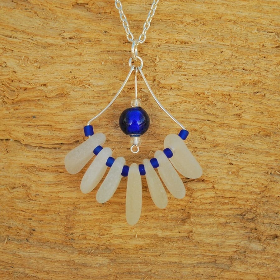 Sea glass pendant with blue beads