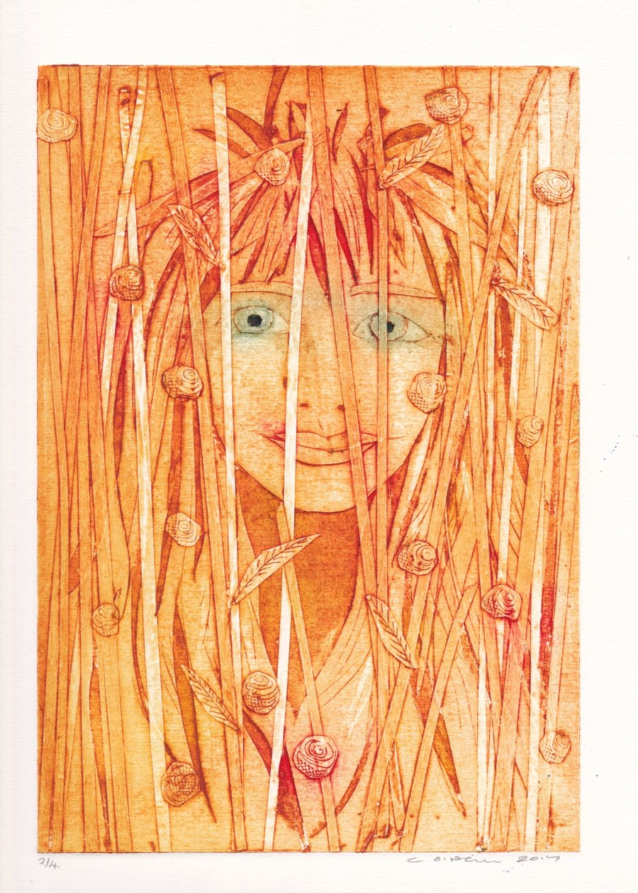 Golden Girl Original collagraph handmade print.  