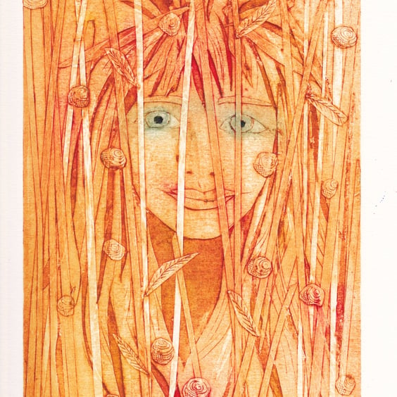 Golden Girl  Original collagraph  handmade print.  