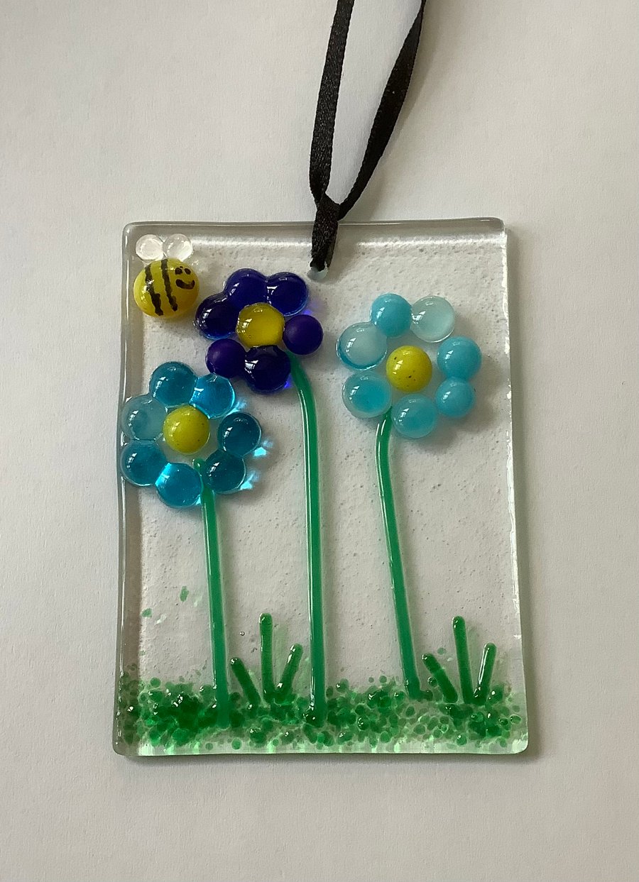 Glass Flower hanging decoration blue