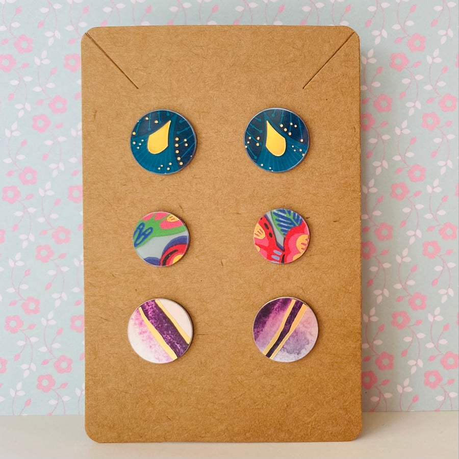 Multicoloured recycled plastic stud earrings - set of 3 pairs - floral Art Deco