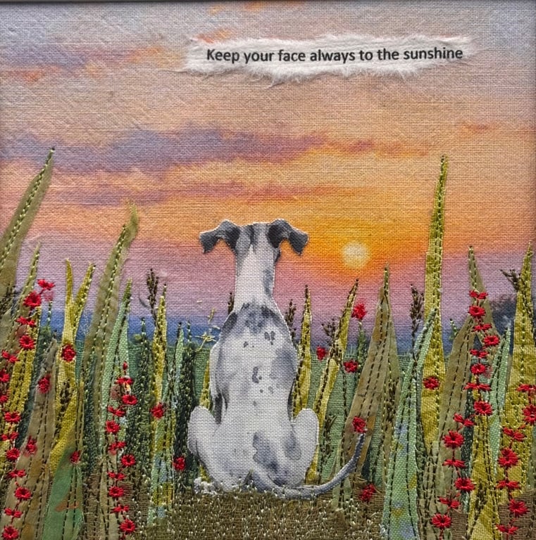 Framed textile dog picture.. keep your face always to the sunshine!