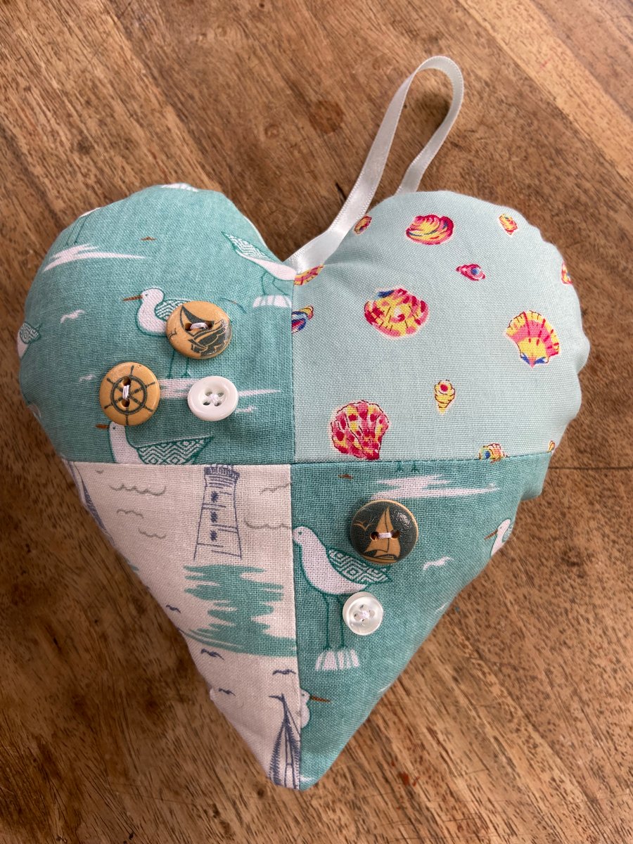 Padded Heart Hanging Decoration with Seaside Fabric and Handsewn Decorations