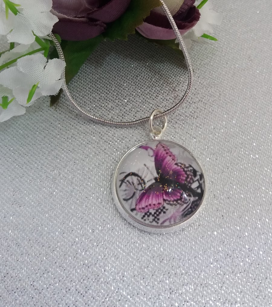 Purple butterfly pendant and snake chain