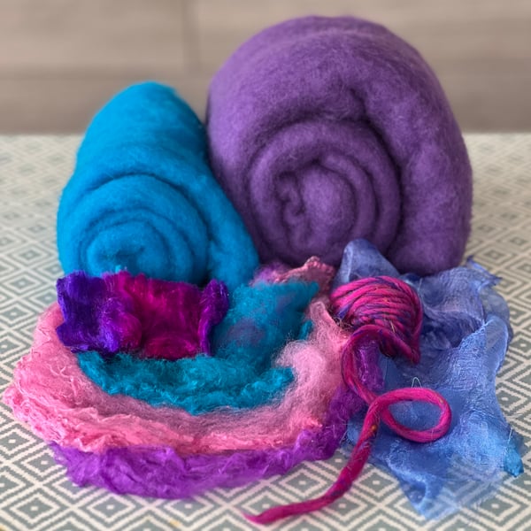 Purple and Turquoise Materials Kit for Nuno Felt Hat and Cowl on a Ball Course