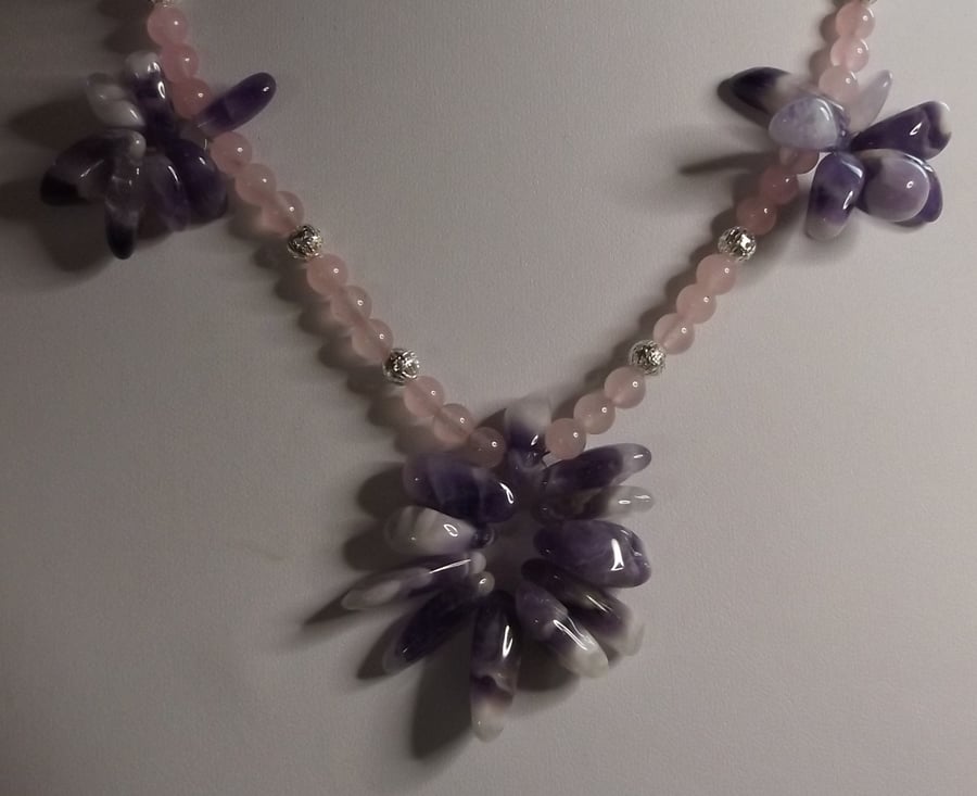 22" Amethyst and rose quartz silver plated necklace