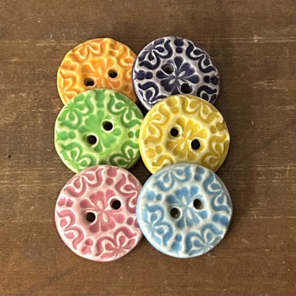 Set of six little round fancy ceramic handmade buttons