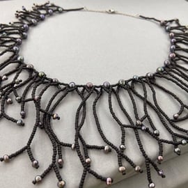 Black Peacock Cultured Pearl Coral Reef Style Fringe Necklace