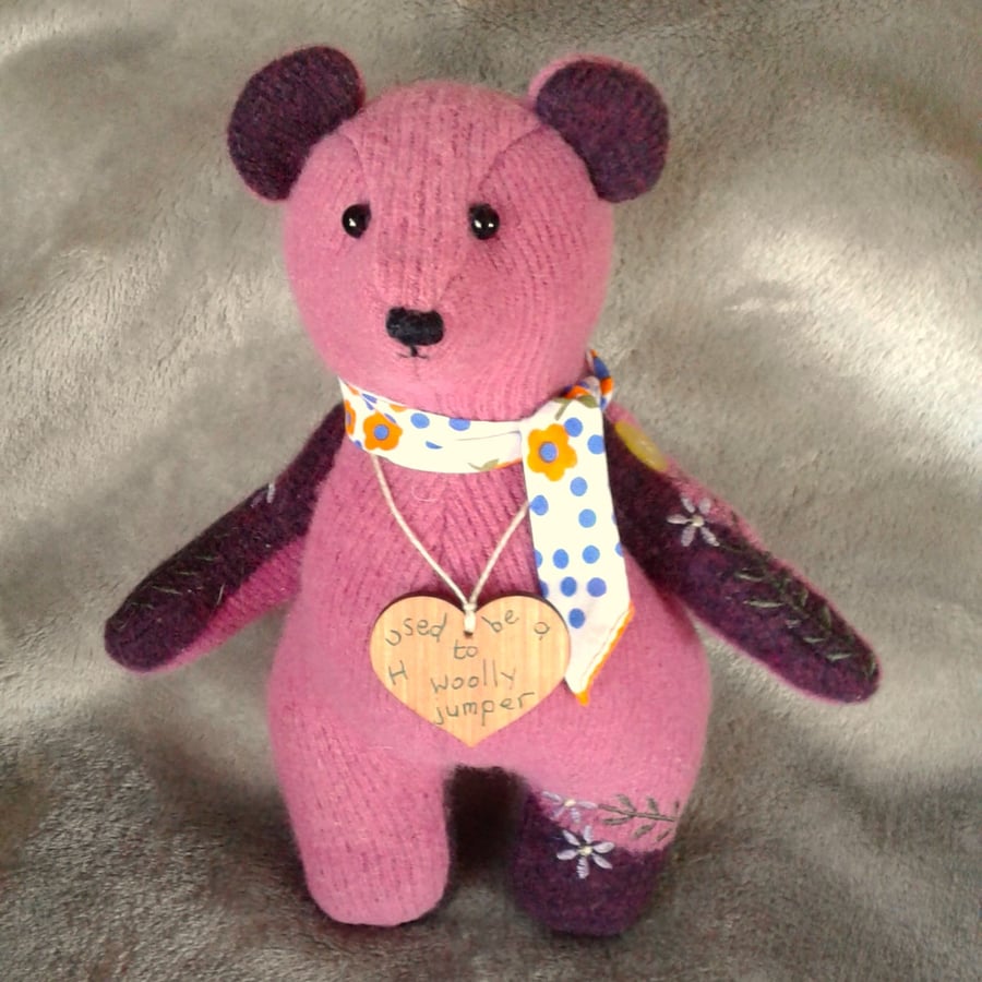 Teddy bear from repurposed pink flowery woolly jumper with neckerchief