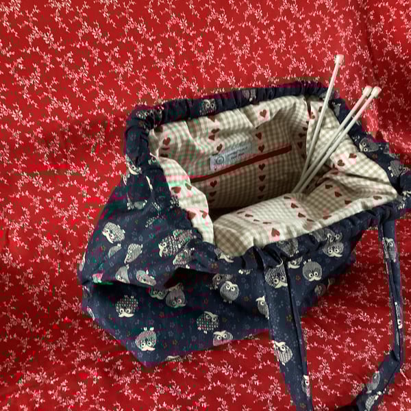 knitting sewing craft work bag Owl design.