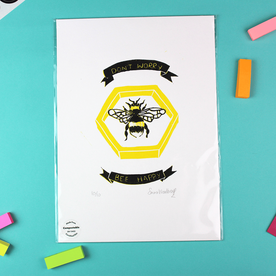 Don't Worry Bee Happy Reduction Print - Unframed
