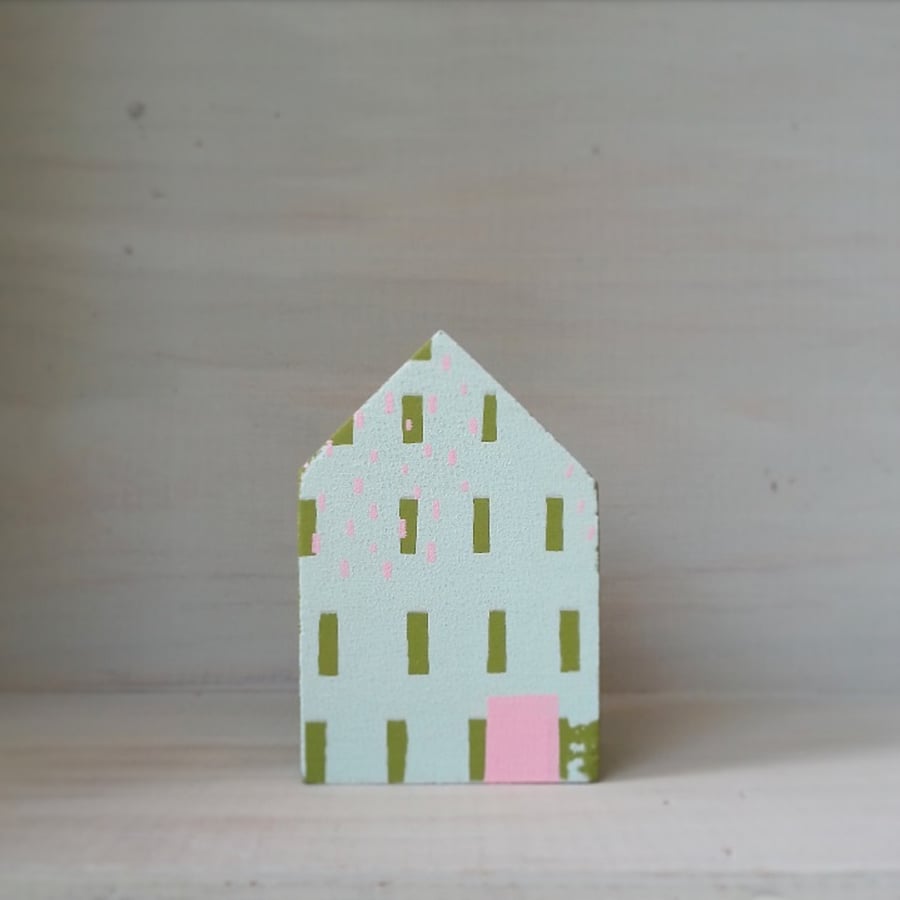 Miniature Wooden House, Green and Pink House, House Ornament, Housewarming Gift
