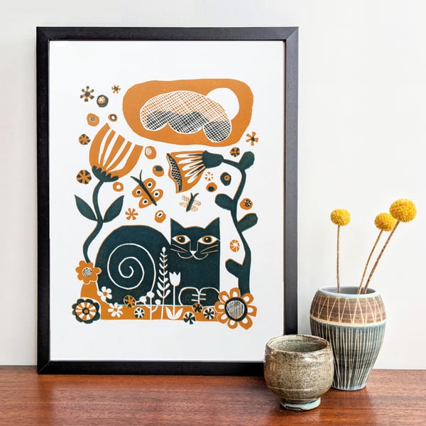 Cat in the Garden in Mustard and Teal