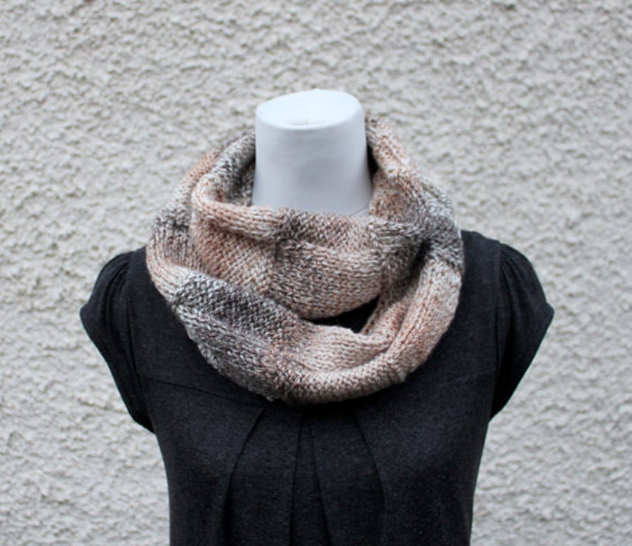 Womens scarf snood, beige neckwear, gift guide, knitwear UK, vegan 
