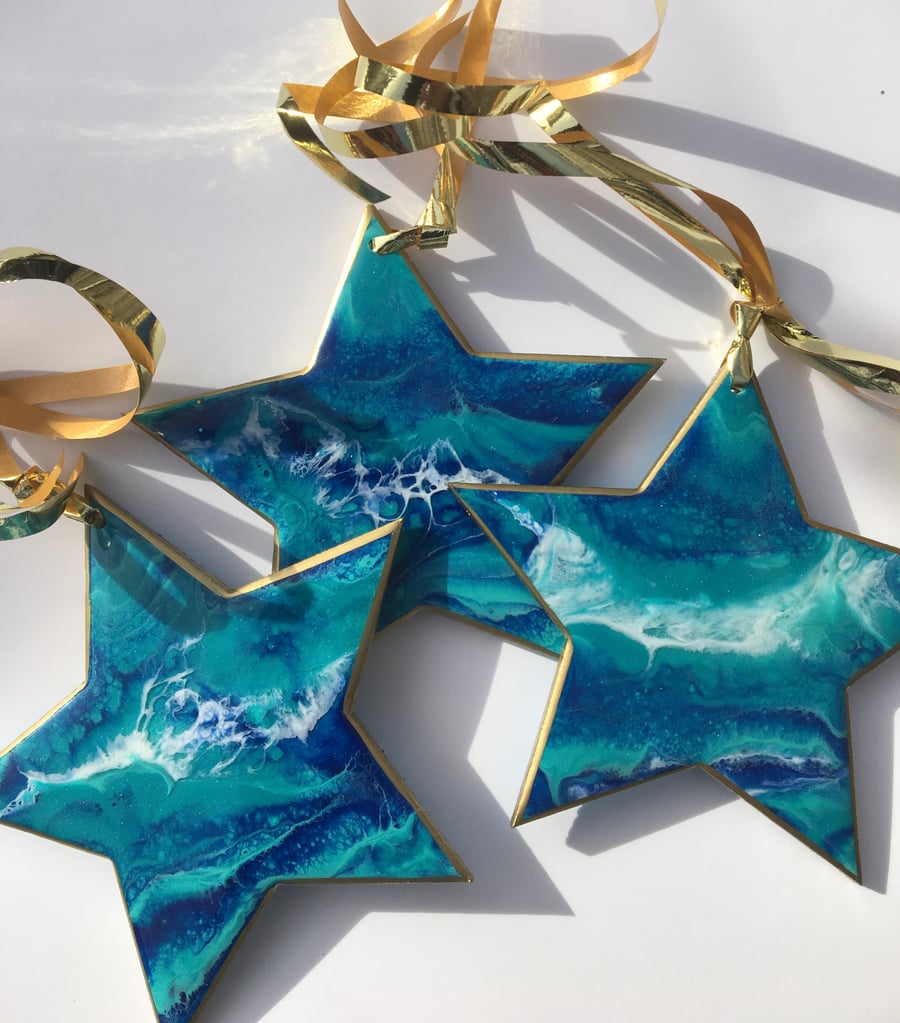 Christmas ornaments, ocean inspired, stars, blue, turquoise, glitter backing