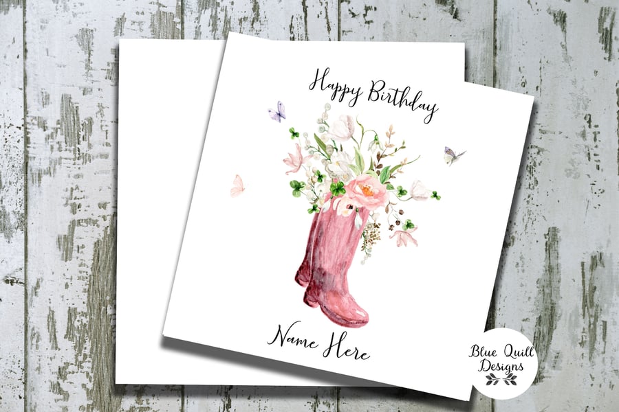 Red Floral Boots Garden Themed Watercolour Print Personalised Birthday Card