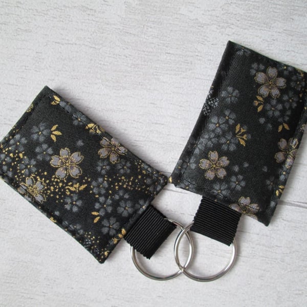 SOLD - Monochrome Japanese Floral Print Keyrings, Bag Tags, Luggage Tags