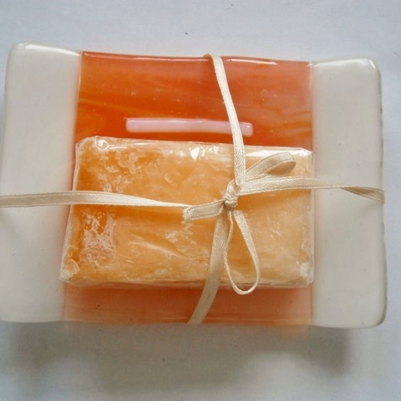 Fused glass soap dish in cream and orange 