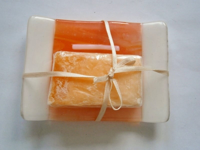 Fused glass soap dish in cream and orange 
