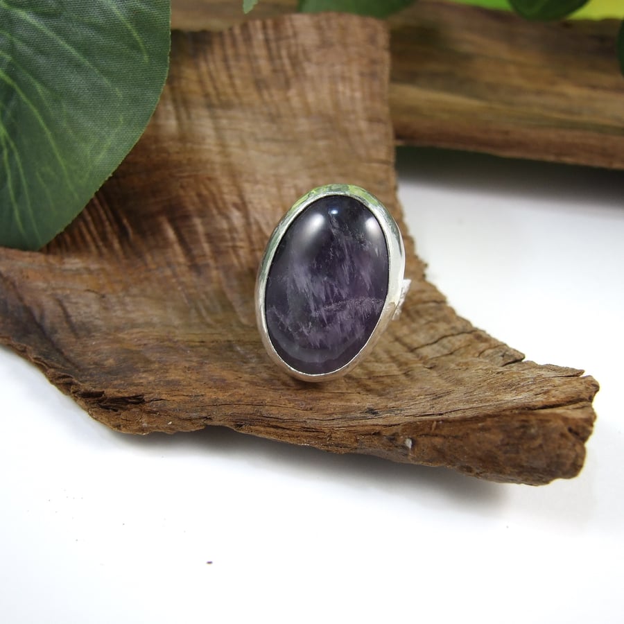 Sterling Silver and Amethyst Statement Ring, Adjustable Fit, Freesize