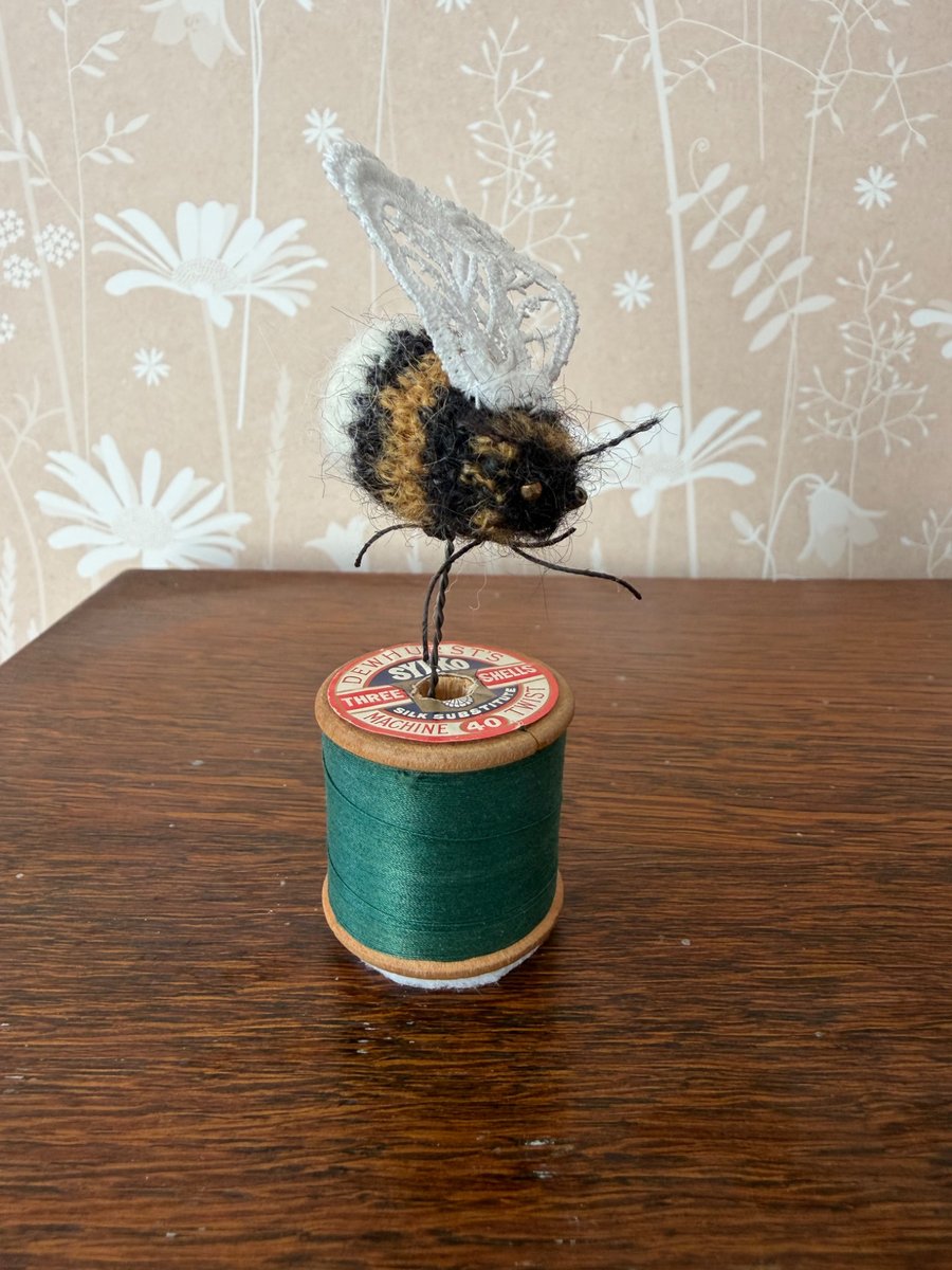 Mini Bobbinbee - Crochet Bee on a vintage wooden bobbin