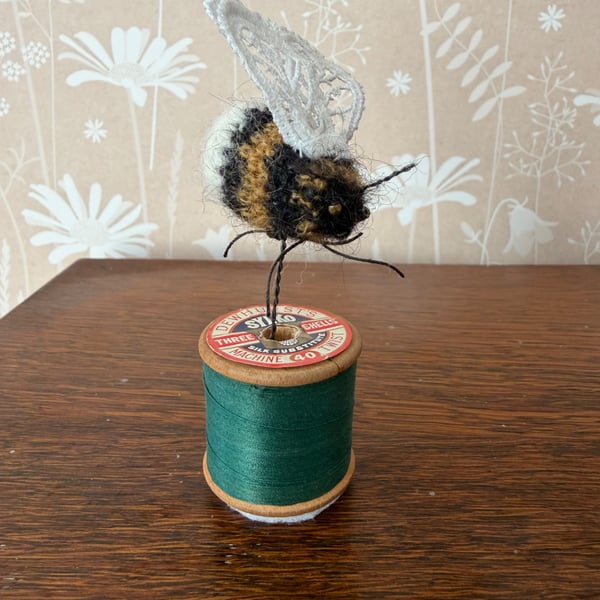 Mini Bobbinbee - Crochet Bee on a vintage wooden bobbin