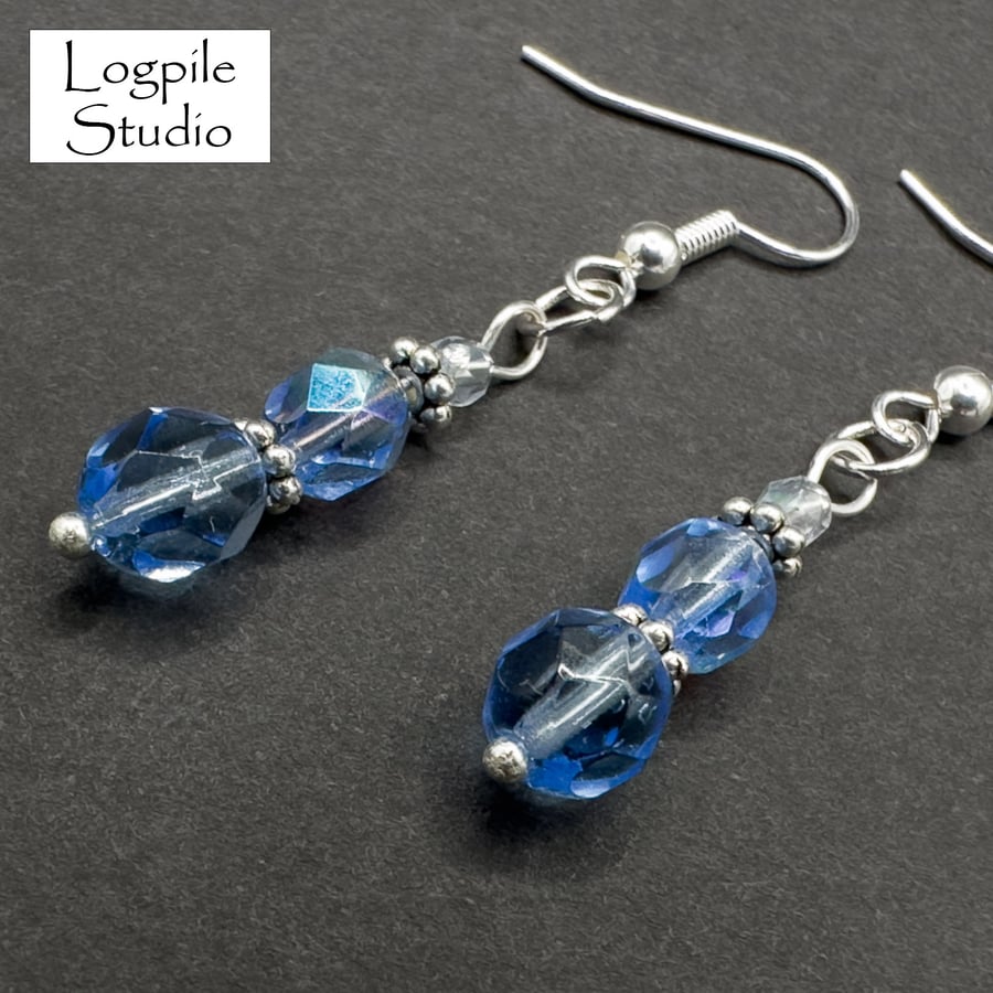 Blue and Silver Bead Dangle Earrings