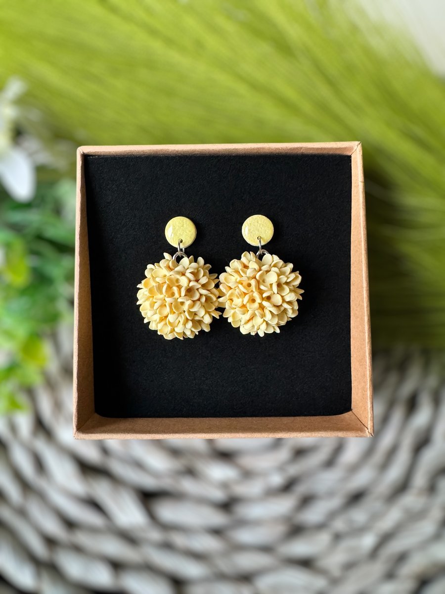 Pastel Yellow Hydrangea Polymer Clay Flower Earrings