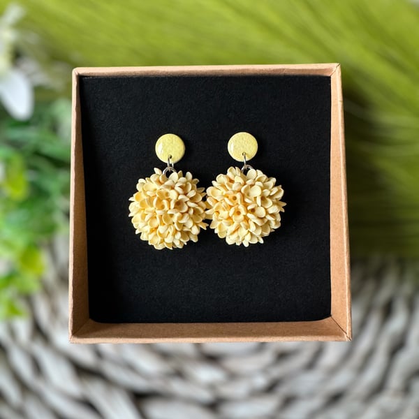 Pastel Yellow Hydrangea Polymer Clay Flower Earrings