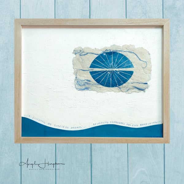 Open Framed Mixed Media Painting with Linoprint and Poetry-Sea Echoing Seascape