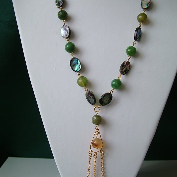 Abalone & Green Agate Chandelier Necklace  - Handmade 