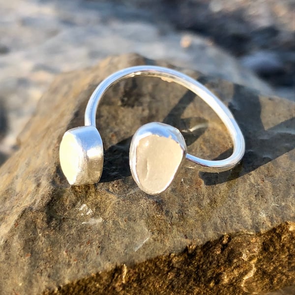 Double White Sea Glass and Sterling Silver Spiral Adjustable Ring - 1236