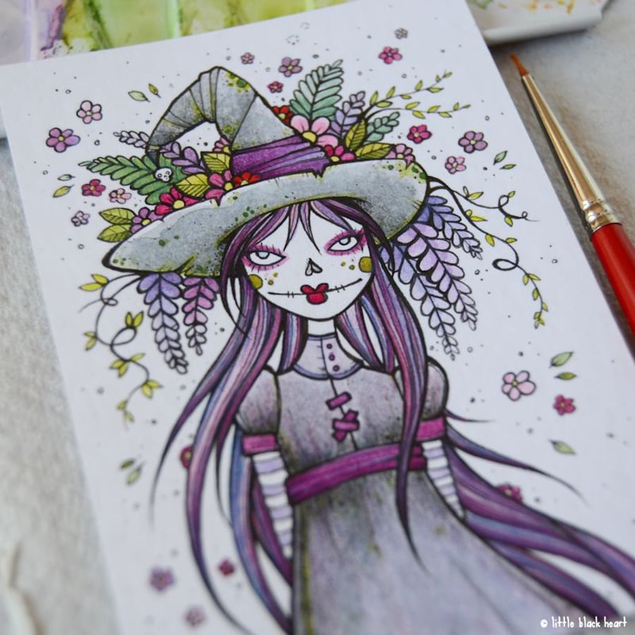 floral zombie - wisteria witch - original aceo