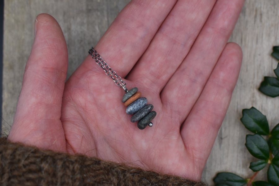 Stacked Pebble and Recycled Sterling Silver Necklace, Stone Necklace, Pendant