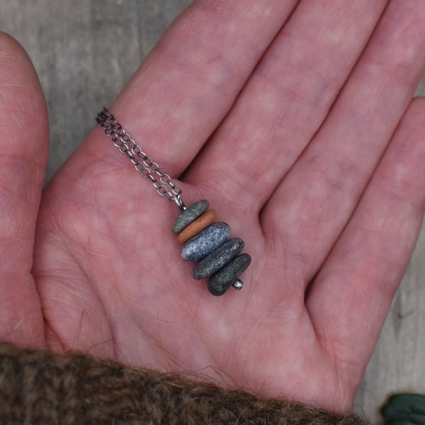 Stacked Pebble and Recycled Sterling Silver Necklace, Stone Necklace, Pendant