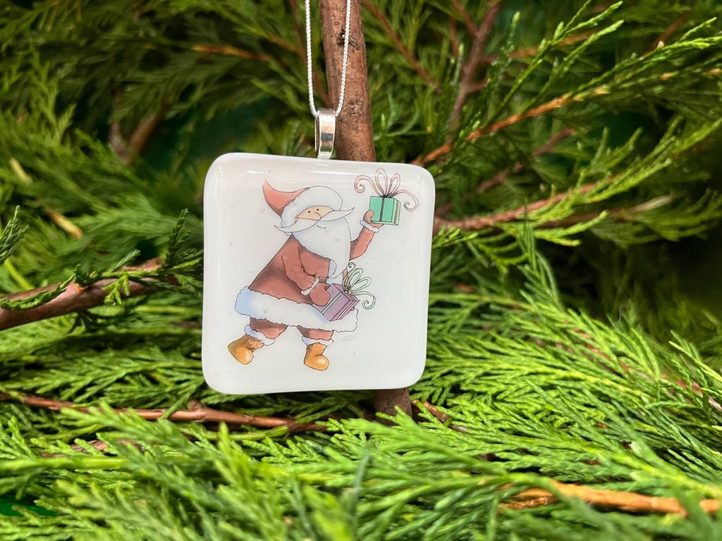 Unique Christmas Card with Artisan Fused Glass Santa with Present 