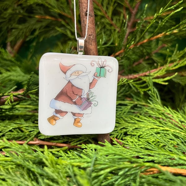 Unique Christmas Card with Artisan Fused Glass Santa with Present 
