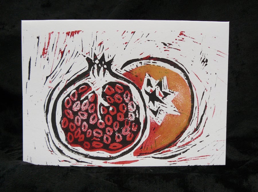 Lino Cut Greetings Card - Pomegranate design