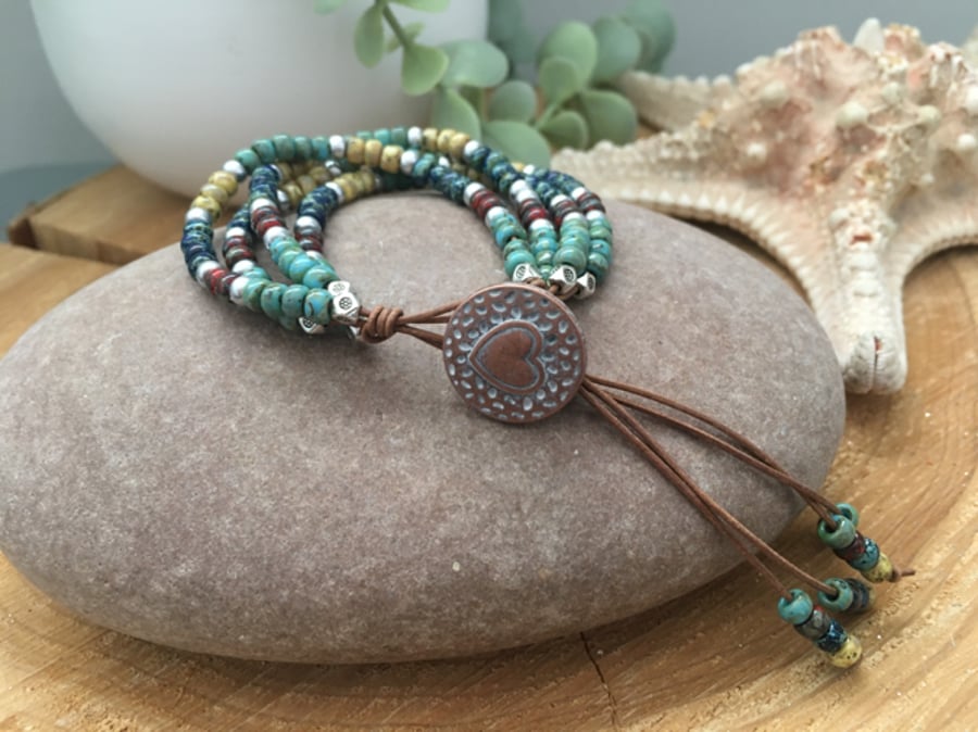 Leather 4 strand beaded Western Inspired boho adjustable bracelet 