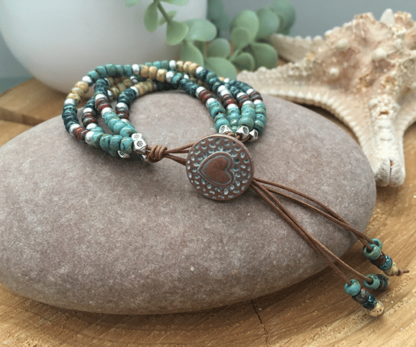 Leather 4 strand beaded Western Inspired boho adjustable bracelet 