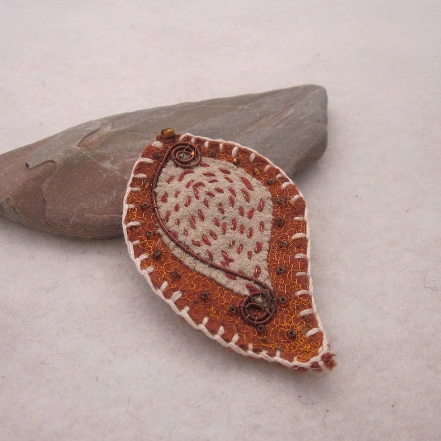 Fawn Tan Beaded Fabric Leaf Brooch