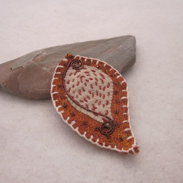 Fawn Tan Beaded Fabric Leaf Brooch